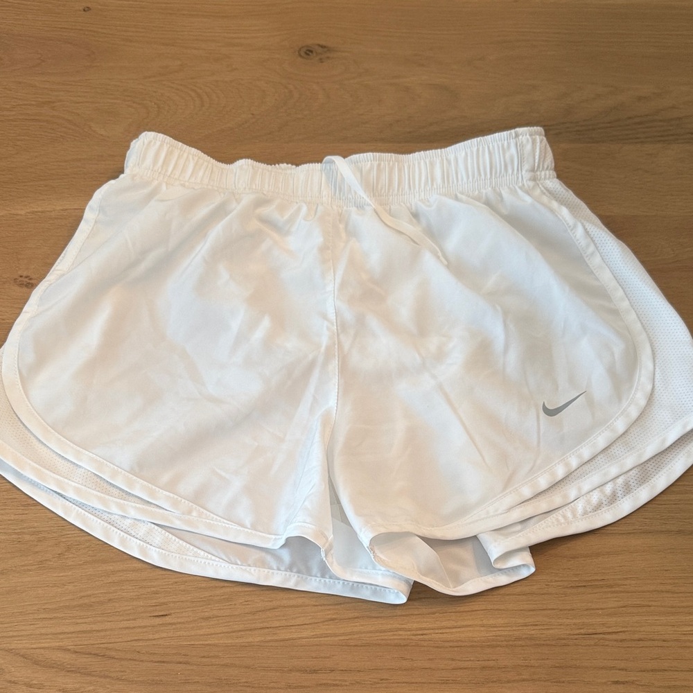 Nike White Women's Athletic Running Shorts with Silver Swoosh
